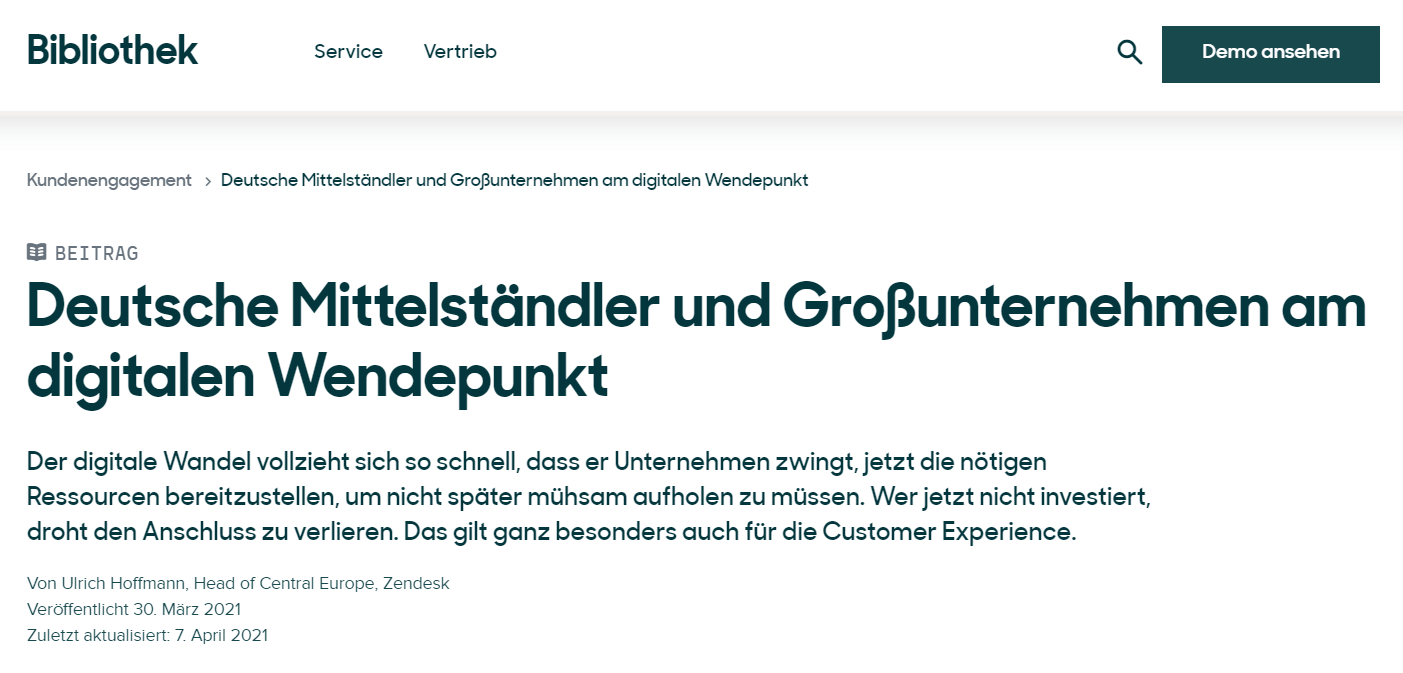 Screenshot: zendesk.com, ein Beispiel für die hierarchische Gestaltung durch Text