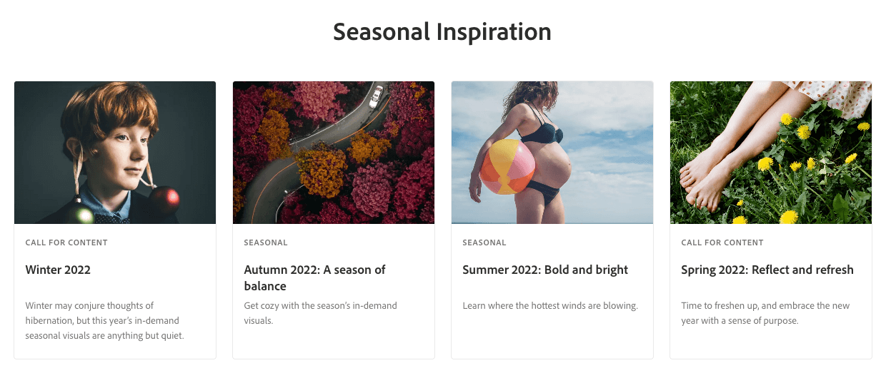 Screenshot Adobe-Website mit saisonalen Content-Empfehlungen