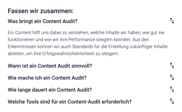 Screenshot eines FAQ-Bereichs (via Javascript Akkordeon)