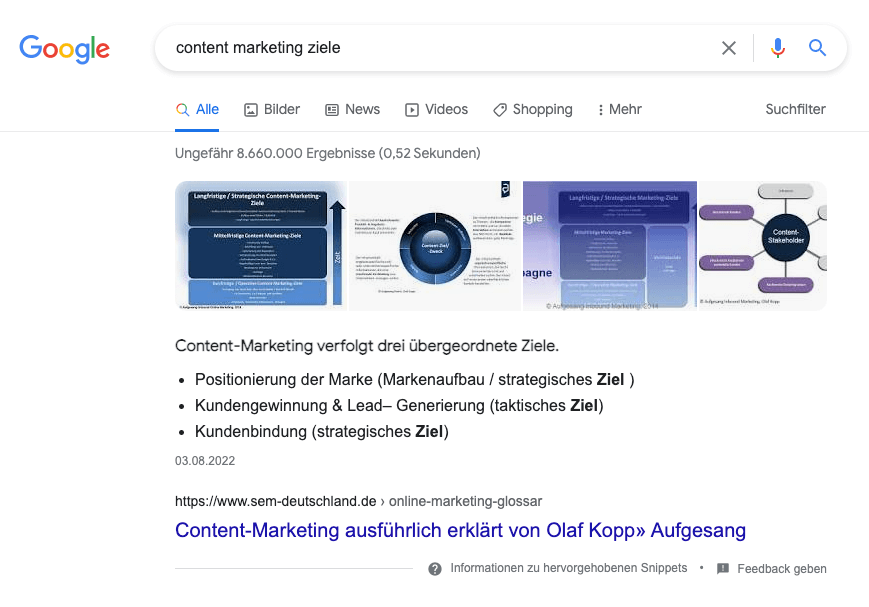 Google Suchergebnis für Content Marketing Ziele