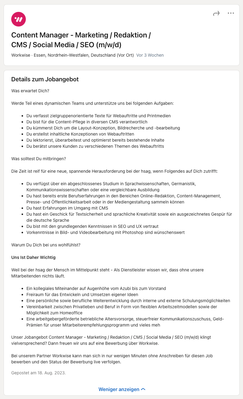 Beispiel für eine Stellenausschreibung als Content-Manager:in