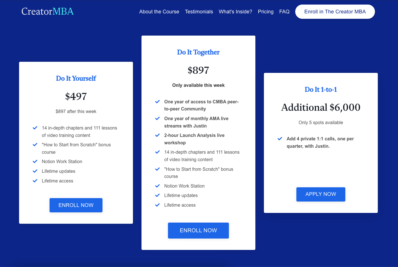 Screenshot: Creator MBA Pricing von Justin Welsh