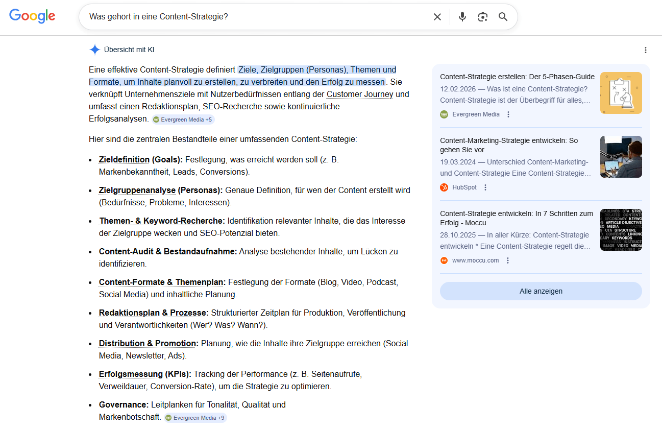Screenshot: Google AI Overview für die Suche nach Content-Strategie-Elementen.