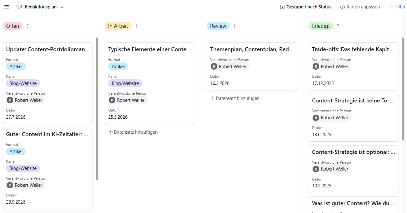 Screenshot eines Redaktionsplan Beispiels in Airtable