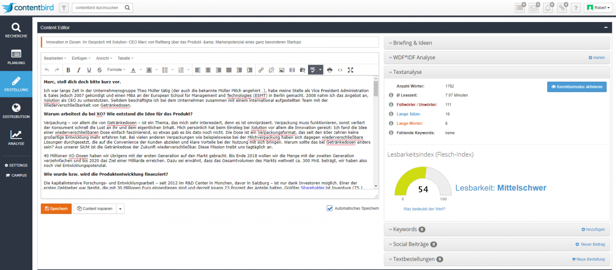 Content Produktion im contentbird-Texteditor