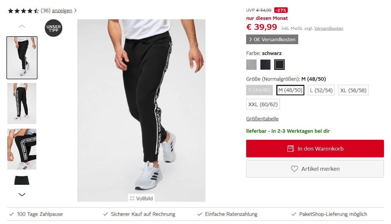 Beispielhafte Produktdetailseite in einem Onlineshop
